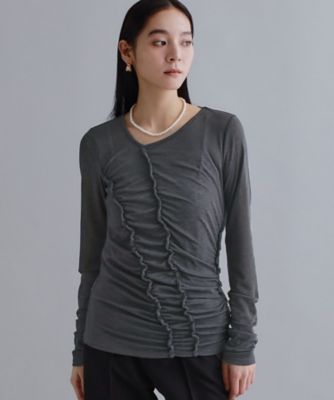 ＜OPAQUE.CLIP (Women)＞【ｅｓ】アシンメトリーシャーリング　シアーカットソー【洗濯機ＯＫ】（２００２６０４３７２）