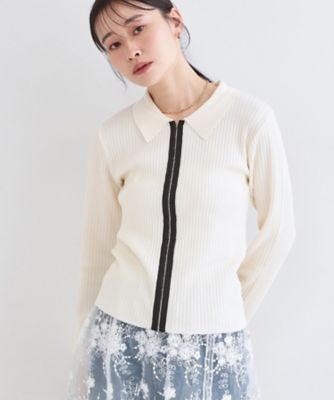 ポロ衿ホック使いリブニットカーディガン【洗濯機OK