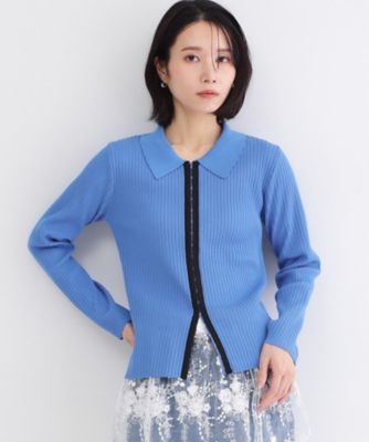 ポロ衿ホック使いリブニットカーディガン【洗濯機OK