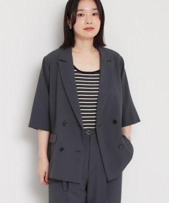 セットアップ可】麻調ダブルブレスト 6分袖ジャケット
