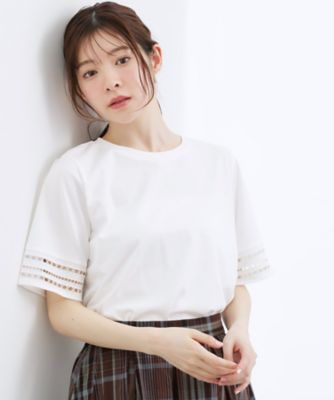 ＜GROVE (Women)＞【二の腕カバー】袖口透かし刺繍Ｔシャツ（２００２６０４９５８）