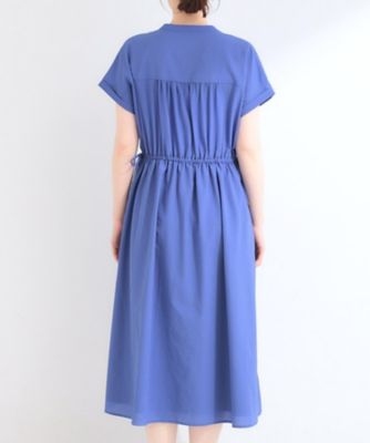 美品☆ユナイテッドアローズ 洗える フレアワンピース ギャザー リボン 青 S－LL／UV／吸水速乾／洗濯機可】通気性〇 ギャザーリボン