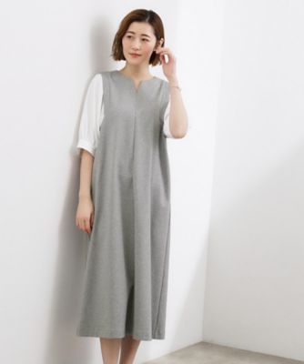 高評価！【体型カバー／洗える】袖布帛ポンチワンピース