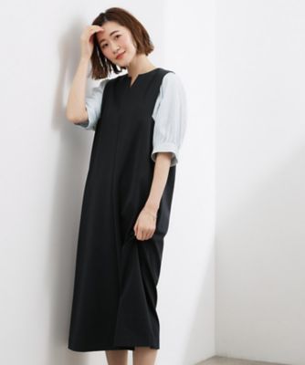 高評価！【体型カバー／洗える】袖布帛ポンチワンピース