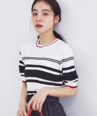 ＜OPAQUE.CLIP (Women)＞ランダムボーダーハーフスリーブニット【洗濯機ＯＫ】（２００２６１０８８５）