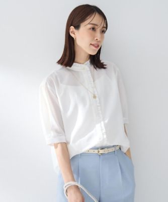 Bay Bee フリルブラウス スタンドカラー コットン ホワイトオーバーサイズ Bay Bee フリルブラウス スタンドカラー コットン 白 オーバーサイズ