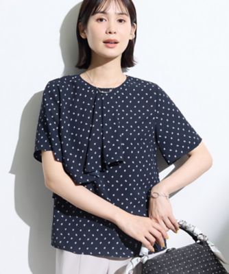 【超美品】theoryluxe ボウタイ風ブラウス トリアセテート ネイビー 接触冷感／UVケア】ボウタイ風 幾何学柄ブラウス