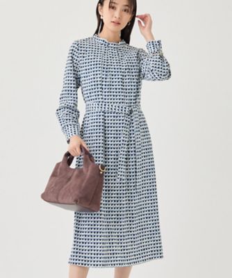 【ミィ 様用です】美品 45R手描き風プリントワンピース ビッグシルエット日本製 美シルエット／ベルト付】幾何学ドット柄プリントワンピース