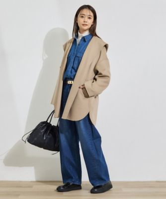 【新品に近い】M-PREMIER フーディミドルコート 38 定価5万円 ウール混／配色／ゆったり】ミドル丈リバーフーディコート