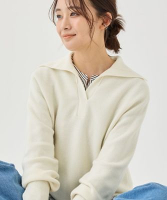 ウール混／クロップド丈】畦編みスキッパー衿ニット