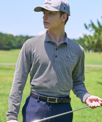ノバチェック　長袖ポロシャツ ADABAT NAVY】トゥースチェックジャカード長袖ポロシャツ