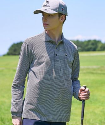 ADABAT NAVY】トゥースチェックジャカード長袖ポロシャツ