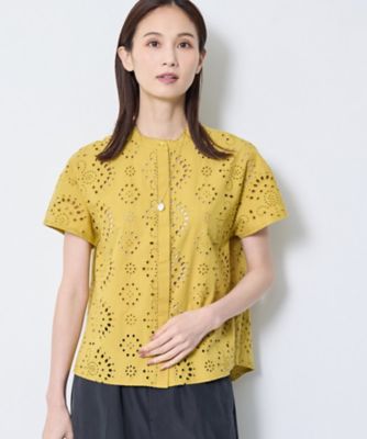 Luporte 　スワトウ　カットワーク 刺繍 　レース　麻ブラウス　　9号 通勤◎】カットワーク刺繍レース シャツブラウス