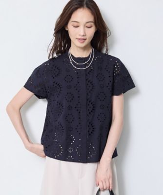 アルアバイル　コットンレースキリカエブラウス　カットワーク刺繍　ブラック　日本製 通勤◎】カットワーク刺繍レース シャツブラウス