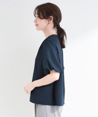 洗濯機可】バルーンスリーブで二の腕カバー キーネック5分袖ブラウス