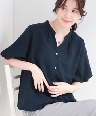 洗濯機可】バルーンスリーブで二の腕カバー キーネック5分袖ブラウス