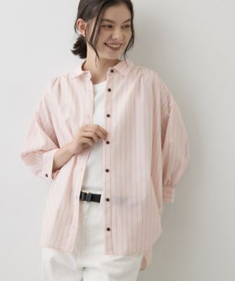 極美品 ギャルリーヴィー バンドカラーフレンチスリーブシャツ ストライプ 極美品 ギャルリーヴィー バンドカラーフレンチスリーブシャツ