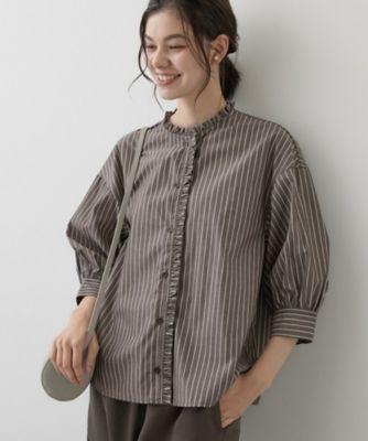 PICONE フリル コットン ブラウス ジャケット 羽織 ストライプ 40 L 高レビュー／シワになりにくい／洗濯機OK】ストライプフリルブラウス