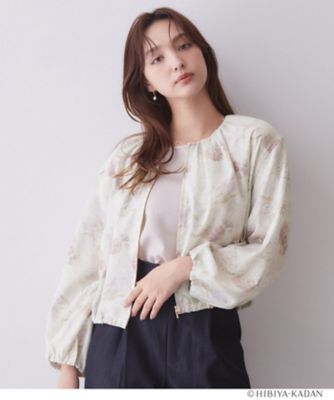 【美品】OHGA フラワージャケット　ホワイト ◇【日比谷花壇コラボ】フラワーノーカラーブルゾン【洗濯機OK
