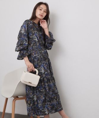 幾何フラワーティアードワンピース【洗濯機OK