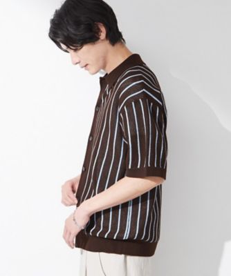 マシンウォッシャブル】ニットストライプ半袖シャツ
