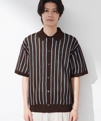  ストライプ 半袖 Tシャツ M マシンウォッシャブル】ニットストライプ半袖シャツ