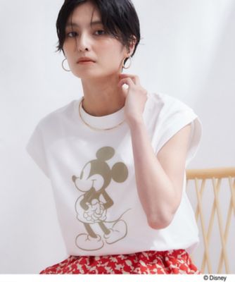 mame kurogouchi フロッキープリント スリーブレス トップス Mickey Mouse」フロッキープリント フレンチスリーブT