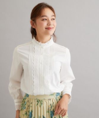 ❤️グリン♡コットン 刺繍 ピンタック シャツ ブラウス スタンドカラーコットン コットン100％／洗える】スカラレース＆ピンタックブラウス