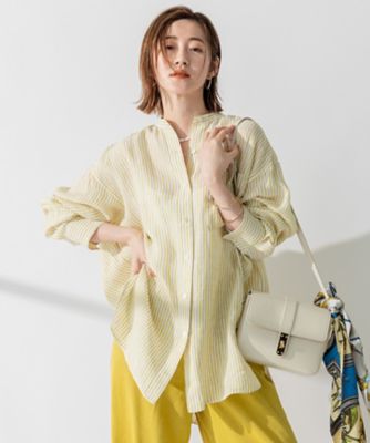 未使用　23区 サイズ46 リネン バンドカラービッグシルエットシャツ 大きい WEB限定カラーあり／洗える】LIBECO バンドカラー