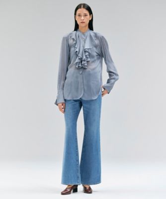 ピンコ　スカイブルー　シルク混ラッフルブラウス CALLERRY ／ シルク混ドットラッフルブラウス