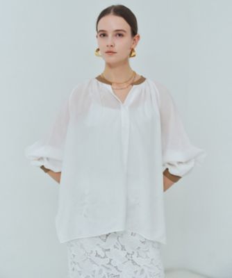 ＜BEIGE， (Women)＞ＰＡＵＬＩＮＥ　／　リネンレーヨンフェイクレザー配色ブラウス（ＢＬＣＷＬＳ０２０６）