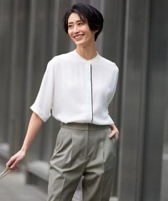 ＜ICB (Women)＞【新色追加・接触冷感・ＵＶケア・速乾・洗える】ＢａｃｋＳａｔｉｎＡｍｕｎｚｅｎ　５分袖バンドカラーブラウス（ＢＬＣＹＣＭ００７２）