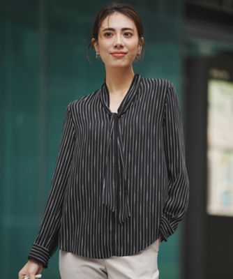 ＜ICB (Women)＞【新色追加】ＢａｃｋＳａｔｉｎＡｍｕｎｚｅｎ　配色ボウタイブラウス（ＢＬＣＹＧＷ００７５）