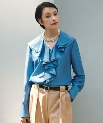 シルキーシフォン Vネックフリルカラーブラウス