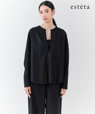 esteta (Women)/エステータ 大きいサイズ ウールツイルジャージー スリットネック ブラウス(BLH7GW0945) 005_クロ トップス【三越伊勢丹/公式】