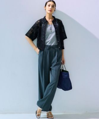 LOEFFロエフモチーフ レース シャツ未使用 上品レース×スポーティMIXが旬。クロシェ風レースリブラインTシャツ
