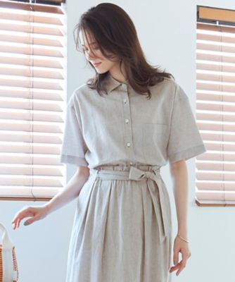 SLOW／洗える】リネンコットン 半袖クロップドシャツ