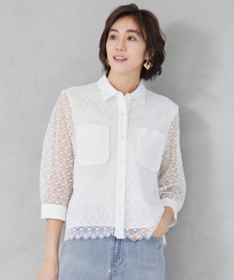＜自由区 (Women)＞【ドラマ「明日はもっと　いい日になる」着用】【洗える】ジオメトリックフラワーレースクロップド丈シャツ　ブラウス（ＢＬＷＭＧＭ０３０９）