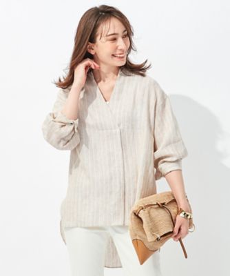 ＜自由区 (Women)＞【洗える】リネンストライプ　スキッパーブラウス（ＢＬＷＭＮＭ０６１１）