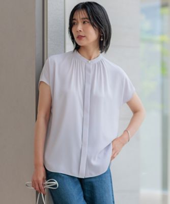 23区【洗える】バックサテンアムンゼン パール釦 ブラウス38 洗える】バックサテンアムンゼン パール釦 ブラウス