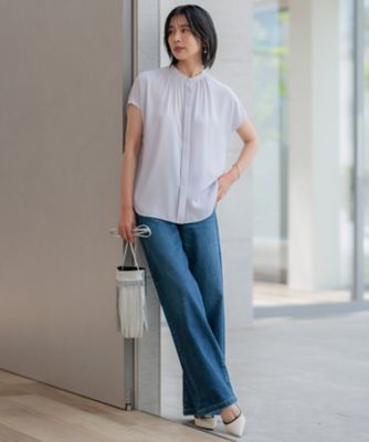 大きいサイズ23区 バックサテンアムンゼンパールボタンブラウス(自由区ICB組曲 洗える】バックサテンアムンゼン パール釦 ブラウス
