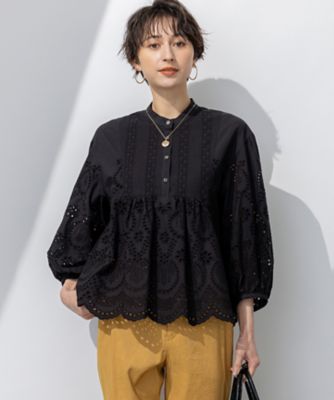 洗える】コットンエンブロイダリー クロップド ブラウス