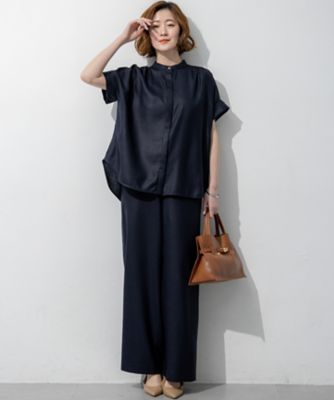 美品　マガリ24AW リネンパピエ グランカラーブラウス　長袖　スミクロ リネンライクグロッシー バンドカラー ブラウス（BLWOLM0501