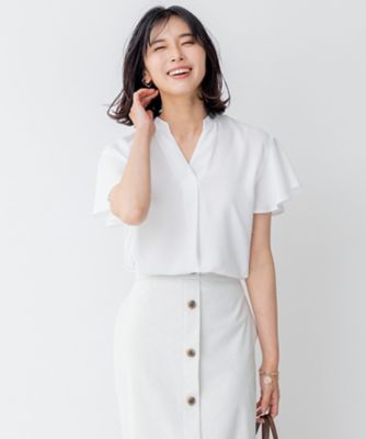美品 23AW 23区 ニジュウサンク 洗える バックサテンアムンゼン 袖フリル キーネック ブラウス シャツ BLWOSA0104 38 ライラック レディース 古着 中古 洗える】バックサテンアムンゼン 袖フリル キーネック ブラウス
