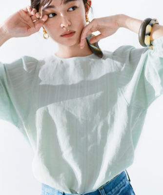 洗える】カラミストライプ パフスリーブ ブラウス