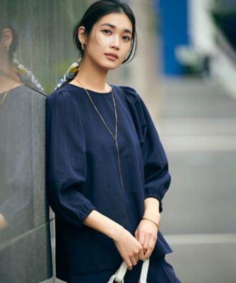 洗える】カラミストライプ パフスリーブ ブラウス