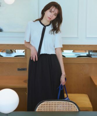 美品 23区 バックサテンアムンゼン バイカラー ボウタイ ブラウス 半袖 40 洗える】バックサテンアムンゼン バイカラー ボウタイ ブラウス