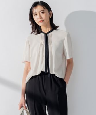 美品 23区 バックサテンアムンゼン バイカラー ボウタイ ブラウス 半袖 40 洗える】バックサテンアムンゼン バイカラー ボウタイ ブラウス
