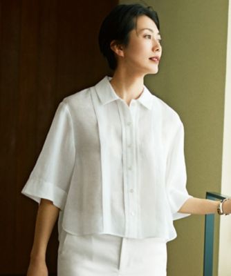 ＜自由区 L (Women/大きいサイズ)＞【カタログ掲載・接触冷感・洗える】ラミーローンクロップド丈　ブラウス（ＢＬＷＲＣＡ０１０２）