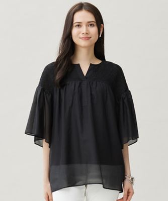 ＜自由区 L (Women/大きいサイズ)＞シルクコットンローンスモッキング刺繍　ブラウス（ＢＬＷＲＧＡ０００２）